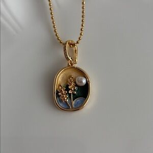 Yellow Enamel Flower Gold Necklace, Freshwater Pearl Necklace, Handmade Pendant